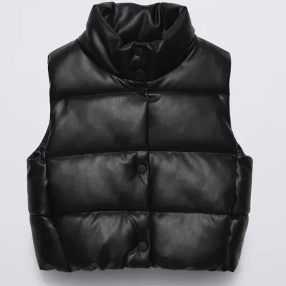 Zara Womens Black Leather Puffer Vest
